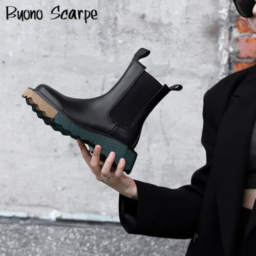 New Autumn Winter Mixed Colors Thick Bottom Women Chelsea Boots Genuine Leather Platform Ankle Boots Slip On British Short Bota