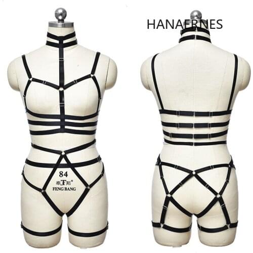 Womens Black Sexy Lingerie Gothic Body Harness Caged Bra Crop Top Strappy Female Gothic Punk Adjustable Garter Underwear Set