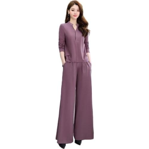 Office Ladies Suit 2021 New Spring Autumn V-Neck Tops + Elastic Waist Wide Leg Pants Set 2 Piece Set Women Elegant Pants Set Q03
