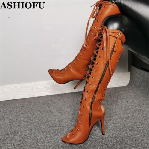 ASHIOFU Handmade Real Photos Womens High Heel Boots Cross-straps Peep-toe Autumn Knee Boots Sexy Club Evening Fashion Boots