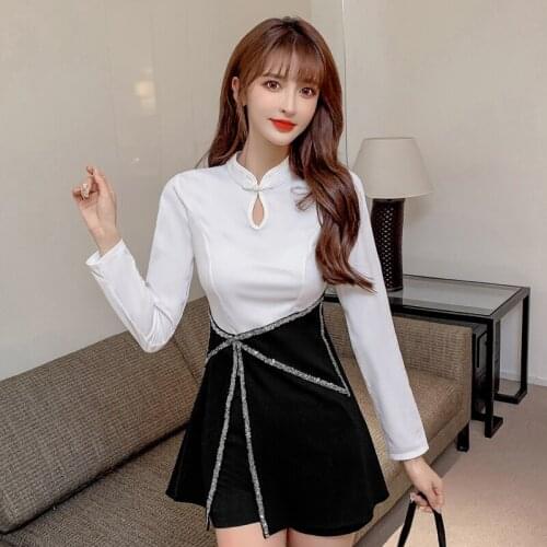 Autumn Stand Collar Long Sleeve Patchwork Slim Vintage Buckle Split Fork Top Short Pant 2 Piece Set Women Chinese Style Clothes