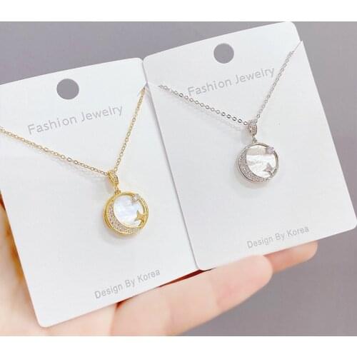 Micro Inlaid Zircon White Mother Shell Moon Necklace Fashionable Temperament Shell Star Moon Clavicle Chain Pendant Ornament
