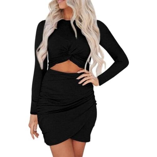 Women Sexy Graceful Front Knot Ruched Bodycon Dress Women Hollow Out Long Sleeve Stylish Wrap Mini Dress Party