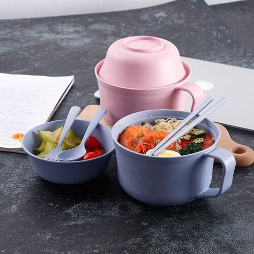 1Pcs/Set Instant Noodles Bowl with Lid Handle Dinnerware Wheat Straw Japanese Style Soup Ramen Microwaveable Set