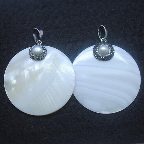 Nature shell pendant with pearl loose bead for women pendantts round shape size 50mm white color with rhinestone