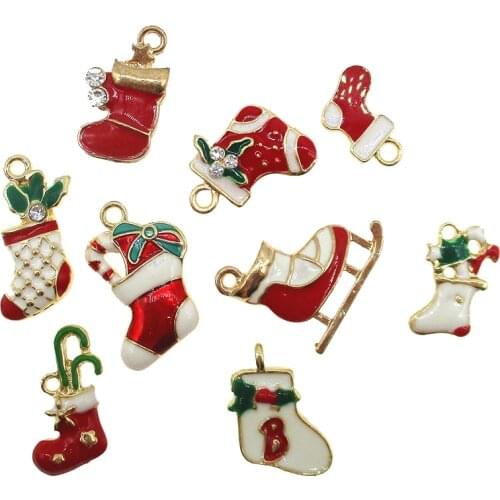 10pcs Mixed Christmas Socks sled Enamel Gift socks Charms Pendant Bracelet Party Metal Craft Decoration Tree Hanging DIY Jewelry