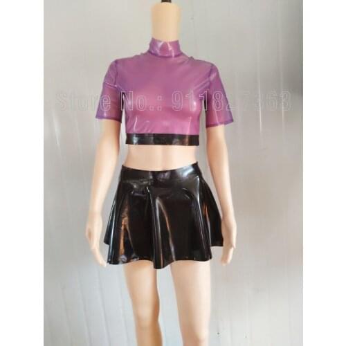 100% Latex Catsuit Short Slevees Purple Top and Black Skirts Suit Cute and Sexy Party Wear