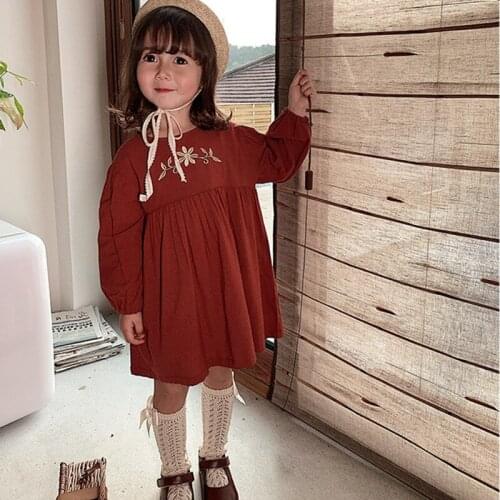 2021 Spring New Arrival Toddler Girls Long Sleeve Embroidery Princess Dress 100% Cotton Solid A-line Dress 2-7Yrs Kids Clothes