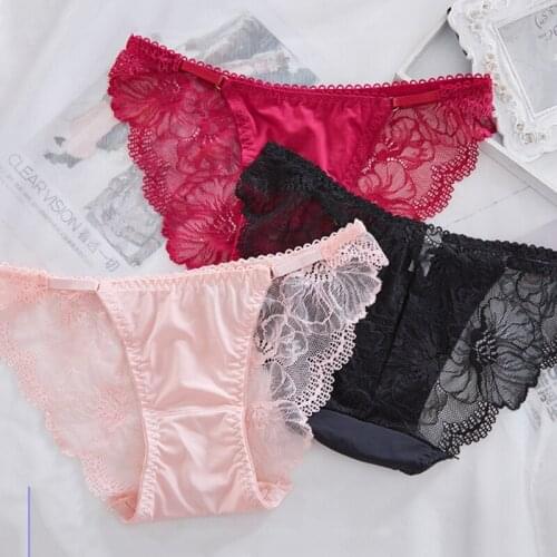 3pcs/lot Ladies Sexy Satin Briefs Fashion Ice Silk Panties Seamless Underwear Women Low Waist Lace Breathable
