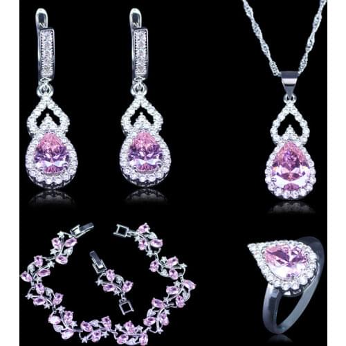 Vintage Russian Style Cubic Zirconia Silver Color Jewelry 4pcs Pink Crystal Stone Sets For Women Bracelets Sets