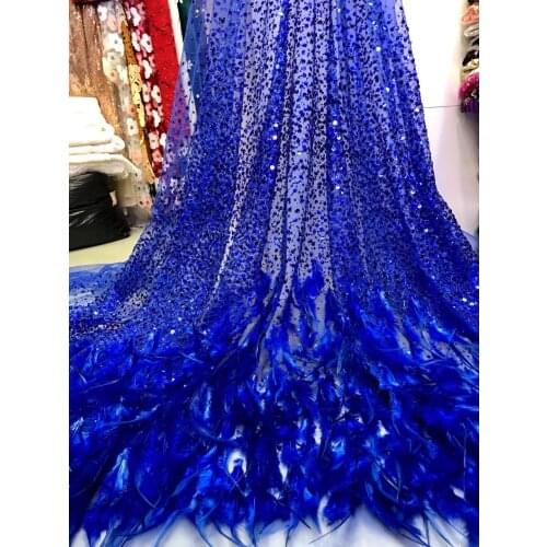 5yards/lot High quality royal blue African French net lace sequins and tube beads embroidered feather tulle lace for party XZL25