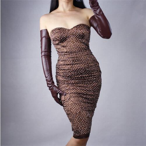 70cm Extra Long Leather Gloves Long Section Opera Emulation Leather Sheepskin PU Light Brown Camel Touch Screen Female WPU34-70