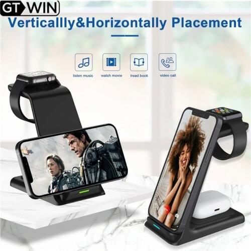 GTWIN 3 in1 Wireless Charger Stand For iPhone 12 Pro Max Qi 15W Fast Charging Induction Chargers For Samsung Apple Watch Airpods