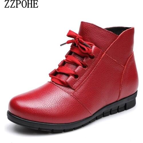 ZZPOHE Autumn winter new mother cotton shoes fashion lace-up plus cashmere warm women boots middle-aged large size flat boots