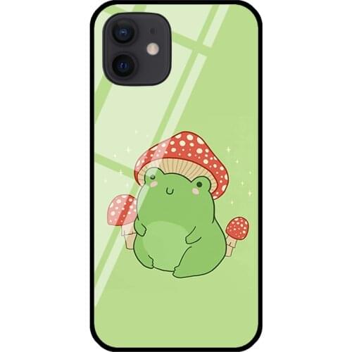 Frog Mushroom Hat Cottagecore Aesthetic Tempered Glass Phone Case For iPhone XR X XS 6 7 8 Plus SE 2020 12 mini 11 Pro Max Cover