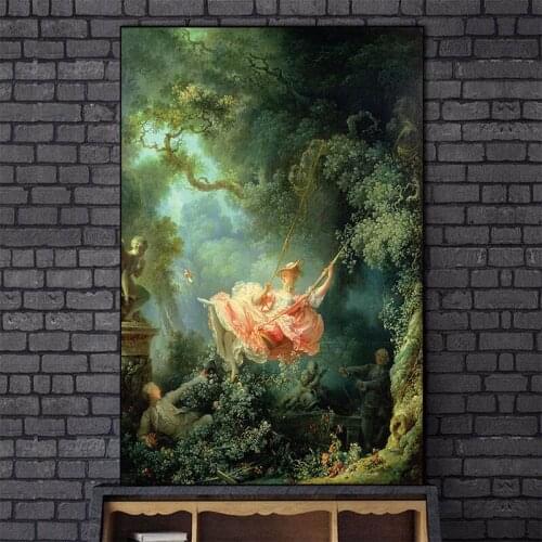 Famous Rococo Canvas Painting The Swing by Fragonard Posters and Prints Wall Art Picture for Living Room Home Decoration Cuadros