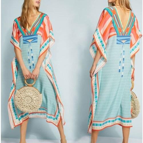 Print Kaftans Swimsuit Cover Up Colorido Impresso Praia Maxi Dress Side Dividir Flowy Robe Favo De Mel Beach Dress