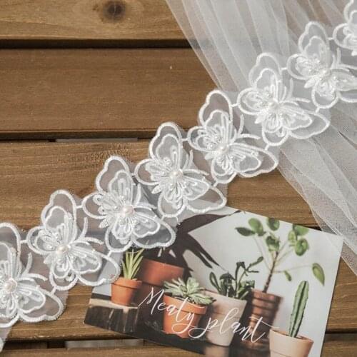 1 Yard Bowknot Butterfly Embroidered Lace Trim Ribbon Imitation Pearl Beaded Applique DIY Sewing Craft Wedding Bridal Dress C6UD