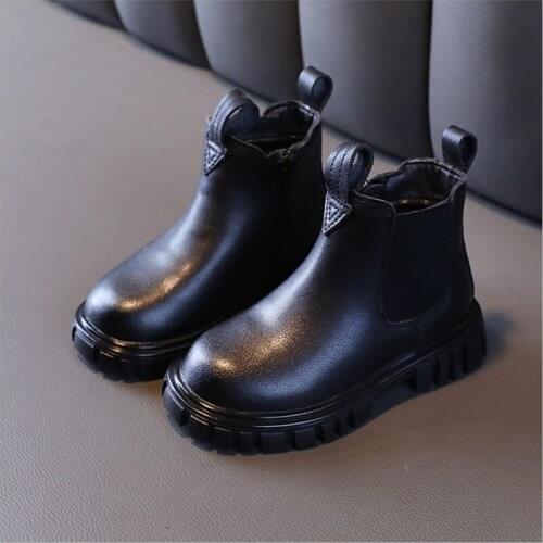 2021 New Autumn Children Boots Genuine Leather Slip-on Black Rubber Boots Soft Sole Breathable Kids Martin Boots Size 22-30