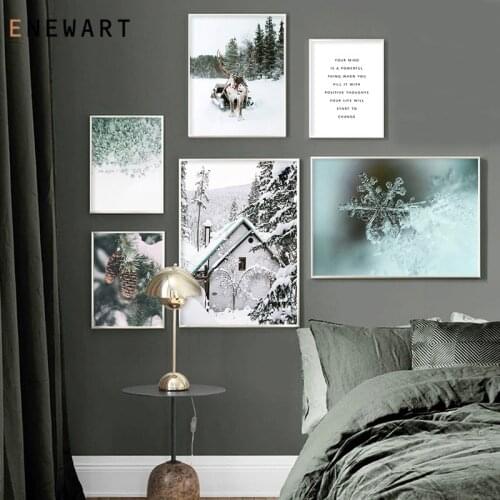 Deer Pine Forest Tree Snow Winter Posters and Prints Picture Nordic Wall Art for Living Room Home Decorative Canvas Painting