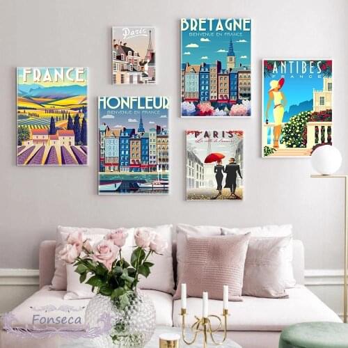 France Travel Scenery Canvas Paintings Vintage Fashion Paris Provence Bretagne Antibes Pictures Farmhouse Wall Art Posters