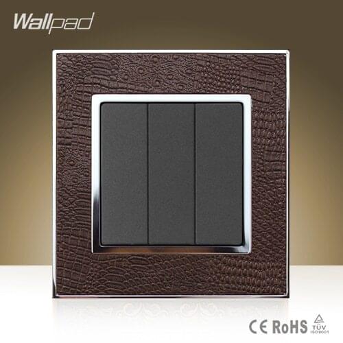 Wallpad Luxury 110V-250V 3 Gang Switch Goats Brown Leather 3 Gang 1 Way Push Button Light Wall Switch Free Shipping