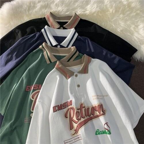 Polo Shirt Mens And Womens Short-Sleeved T-Shirt Loose Tide Brand Street Retro 2021 Summer Pure Cotton Lapel Printed Half-Slee