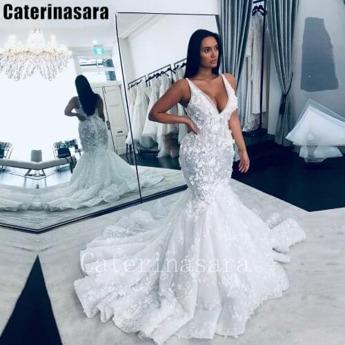 Deep V-Neck Zipper Flower Appliques Lace Mermaid Wedding Dress Plus Size Custom Made 2021