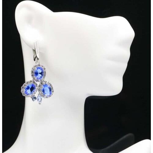 37x19mm Stunning Created Red Blood Ruby Violet Tanzanite White CZ For Ladies Daily Wear Silver Earrings Eye Catching