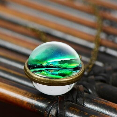 SONGDA Amazing Northern Lights Chain Necklace Aurora Theme Art Pattern Double-sided Glass Dome Ball Pendant Necklace Lovers Gift