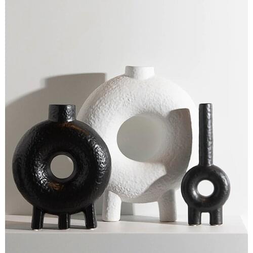 Modern White Black Ring Ceramic Vase Simple Model Room Home Dried Flower Arrangement Hotel Desktop Porcelain Decor Ornaments