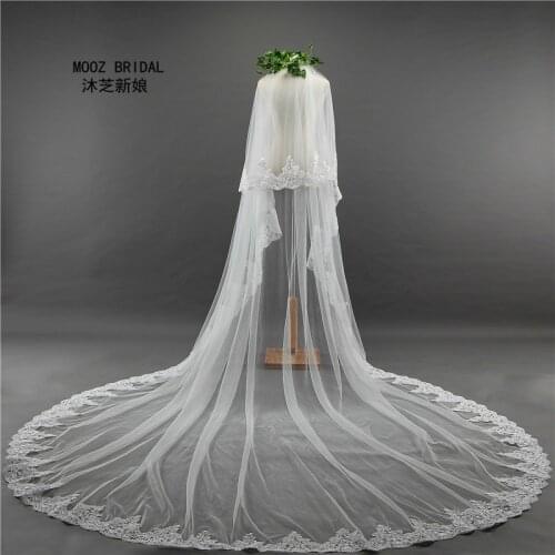 2019 Lace Bridal Veils Two Layers Luxury 3m Width White/Ivory Real Images Accessory Custom Made Embroidered Wedding Veils