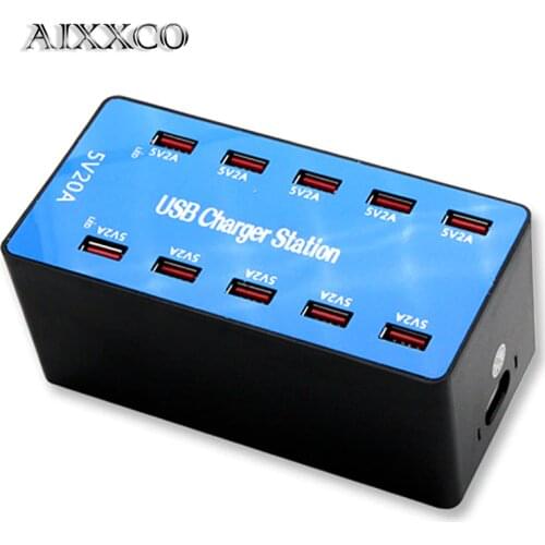 AIXXCO USB Charger 100W 10 Ports USB 20A Smart Desktop Charging Station for 5V 2.4A for Samsung Xiaomi iPad iphone x