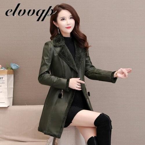 Women Leather Windbreaker Plus Velvet Thick Pu Leather Cotton Coat Long Suit Collar Elegant Office Fashion Warm Leather Jacket