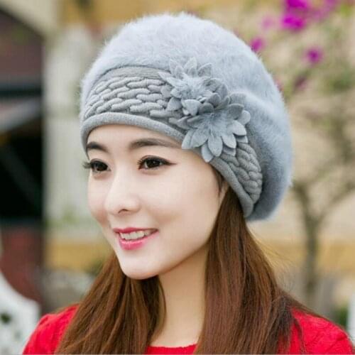 Women Winter Autumn Elegant Beret Hat Rabbit Fur Thick Warm Fashion Autumn Female Skullies Casual Flat Cold Fleece Beret Hat Cap