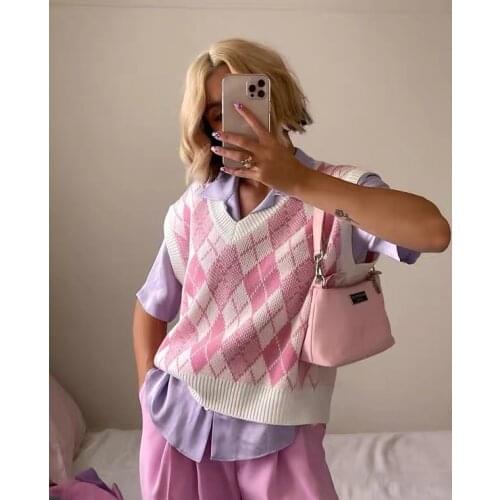 Y2K Women’s V-neck Knitted Vest 90s Vintage Argyle Sweater Vest Contrast Color Slim Fit Sleeveless Tops Autumn Winter Clothes