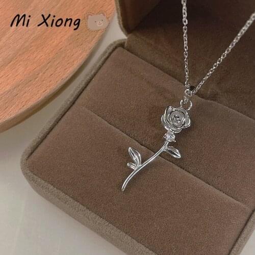 Mi Xiong 925 Sterling Silver Necklaces for Womens Exquisite Pendant with Chain Romantic Rose Flower Luxury Jewelry Glamour Party