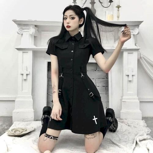 Gothic Black Dress Women Dresses 2021 New Summer Korean Dark Wind Embroidery Improved JK Short-sleeved Goth Harajuku