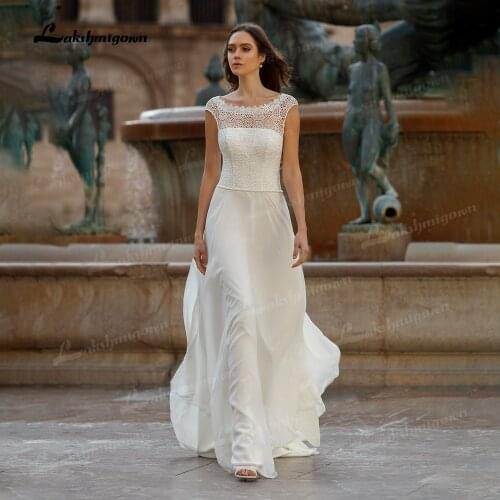 Boho Chiffon Wedding Dress 2021 Scoop Neck Sweep Train Lace Short Cap Sleeve A Line Bridal Gowns vestido de novia