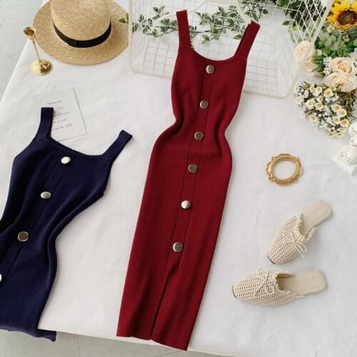 2020 Summer Pink/Red/White/Black Women Knitted Dress Vintage High Waist Button Single-breasted Slim Casual Dress for Female New