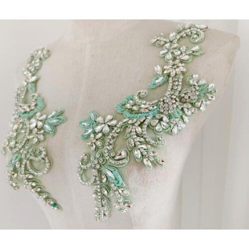 1 pair Green Rhinestone Applique With Florals Motif For Couture Dress Costume