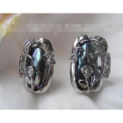 1018+++Stunning big 16mm black BIWA freshwater cultured pearls earrings