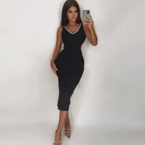 2021 Summer Sexy V Neck Spaghetti Strap Diamonds Vestidos Casual Bodycon Women Bandage Dress Party Nightclub Vintage Robe 60179