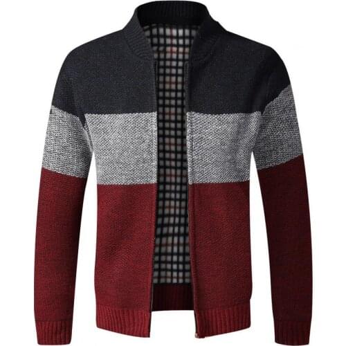 80% HOT SALES！！！Autumn Winter Men Long Sleeve Stand Collar Coat Color Block Warm Plush Cardigan