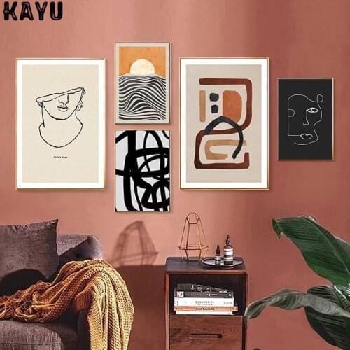 Abstract Sunrise Geometric Head Line Terracotta Canvas Paintings Wall Art Poster Print Pictures for Living Room Home Decoration