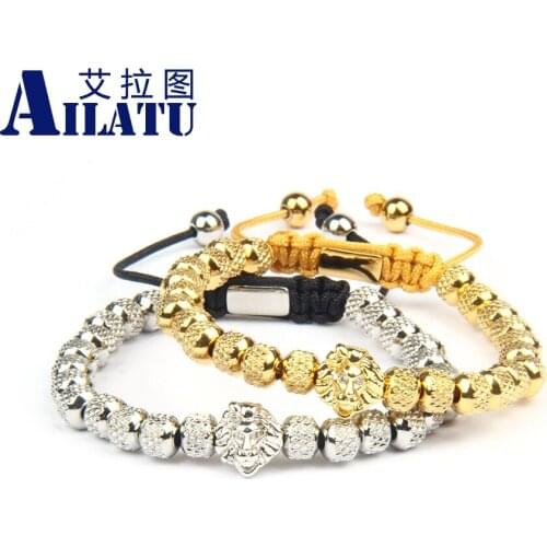 Ailatu Lion Head Bracelet Reticulated Stainless Steel Beads Luxury 6mm Men Rope Chain Fashion New Hand-Made Present, Gift