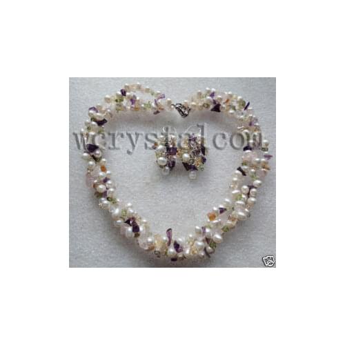 White Pearls Earrings Necklace real natural freshwater pearl necklaces Semi-precious Stone Sets