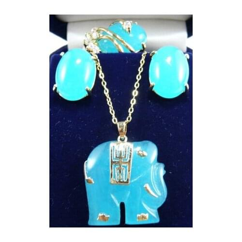 Noble blue Natural jade stud earrings ring(#6.7.8.9) elephant pendant jewelry set