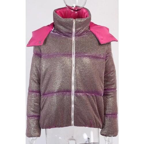 Shiny Short Puffer Jackets for Women Cute Hooded Zip Up Bubble Coat Ladies Outerwear Warm Winter Clothes