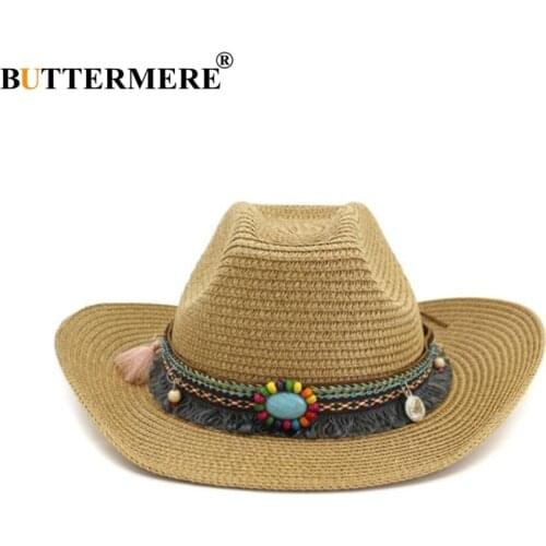 BUTTERMERE Hat Cowboy For Women Men Khaki Ethnic Style Summer Beach Straw Sun Hats Straw Hat Female Male Cowboy Hat